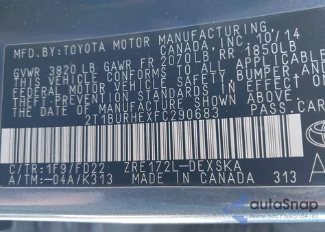 2015 Toyota Corolla S Plus from USA, damaged, VIN 2T1BURHEXFC290683